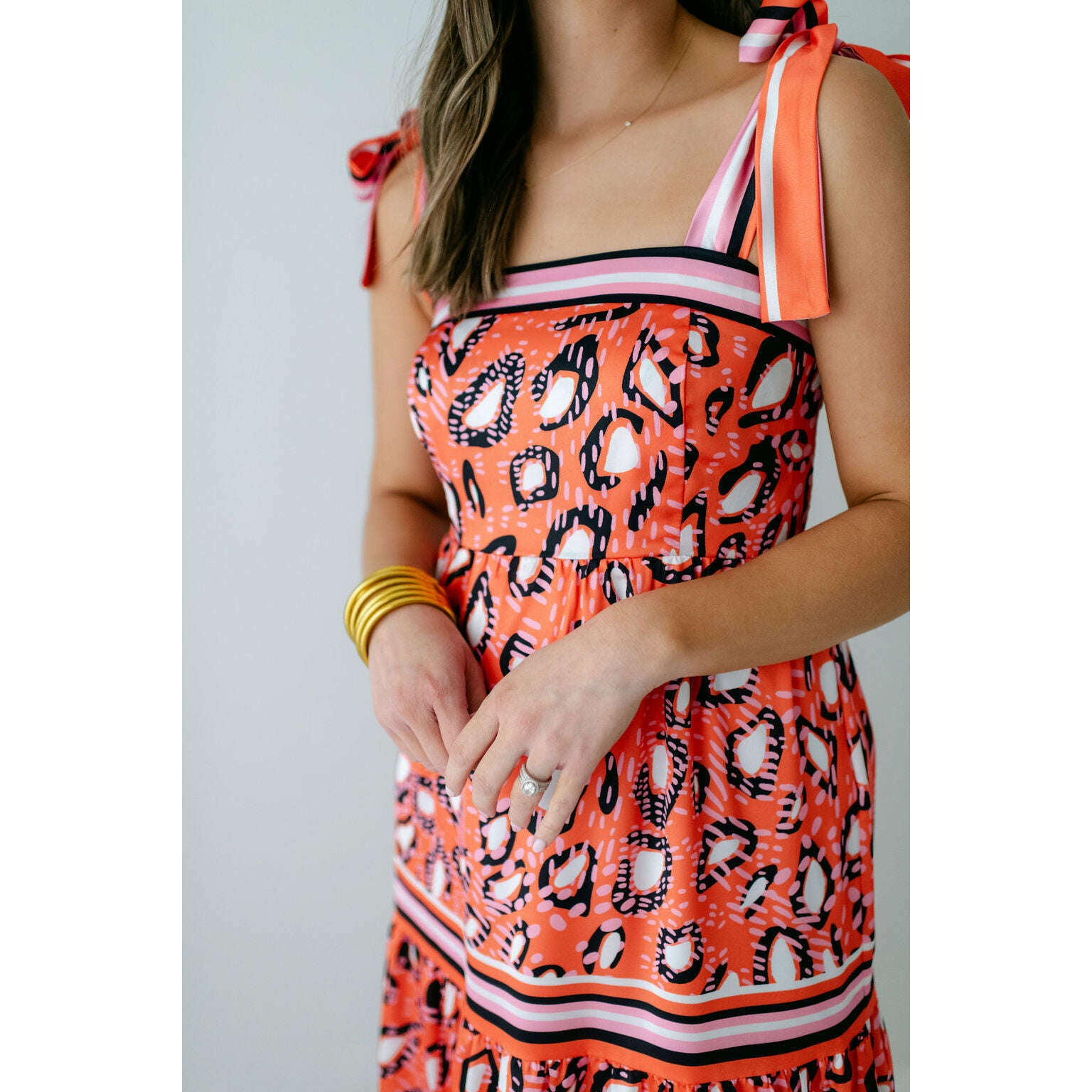 8.28 Boutique:Jade by Melody Tam,Jade by Melody Tam Tie Shoulder Tiered Sundress in Orange Abstract Border,Dress
