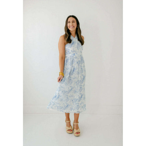 8.28 Boutique:8.28 Boutique,The Leah Blue and White Pleated Midi Dress,Dress