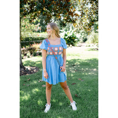8.28 Boutique:Karlie Clothes,Karlie Blue and Orange Crochet Puff Sleeve Dress,Dress