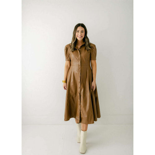 8.28 Boutique:Karlie Clothes,Karlie Solid Pleather Brown Midi Dress,Dress