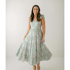 8.28 Boutique:8.28 Boutique,The Victoria Pink and Green Poppy Midi Dress,Dress