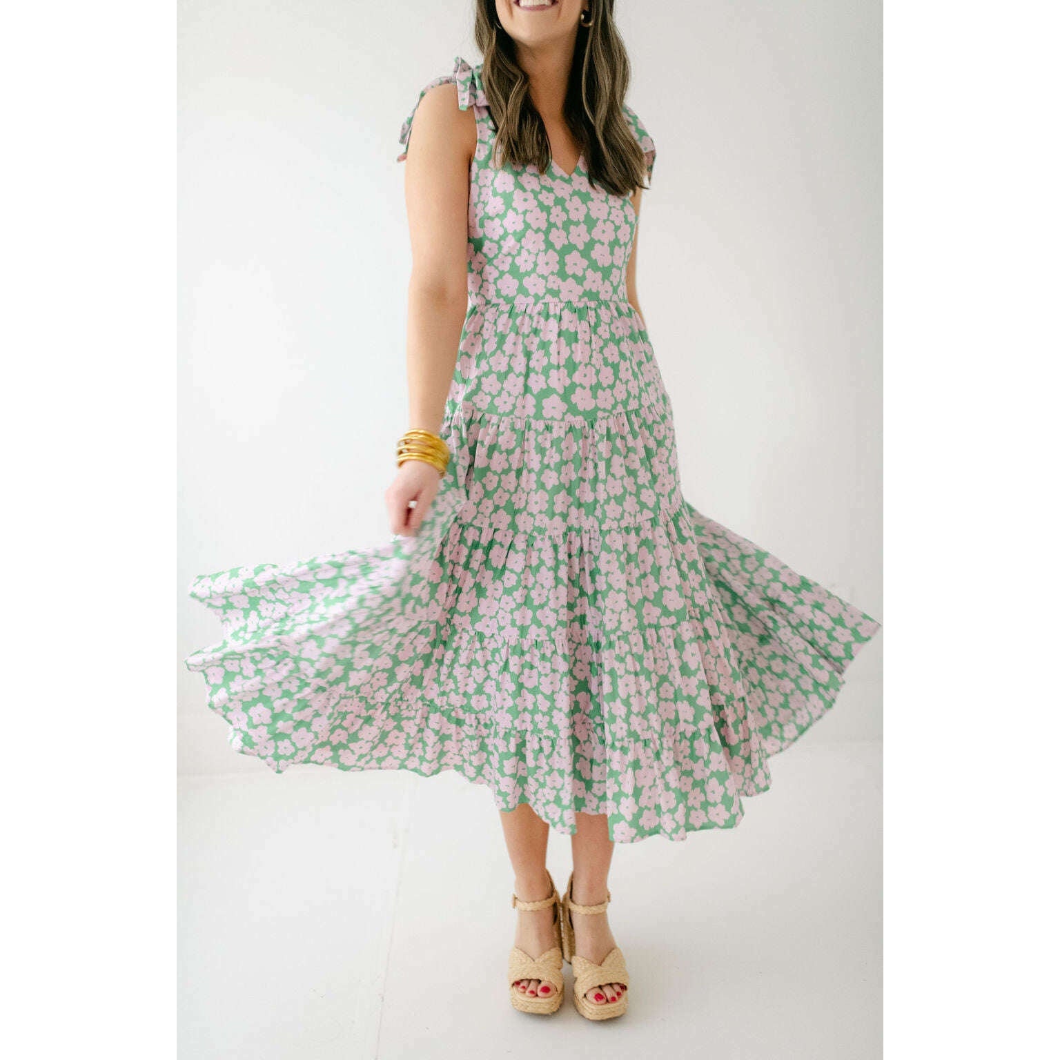 8.28 Boutique:8.28 Boutique,The Victoria Pink and Green Poppy Midi Dress,Dress