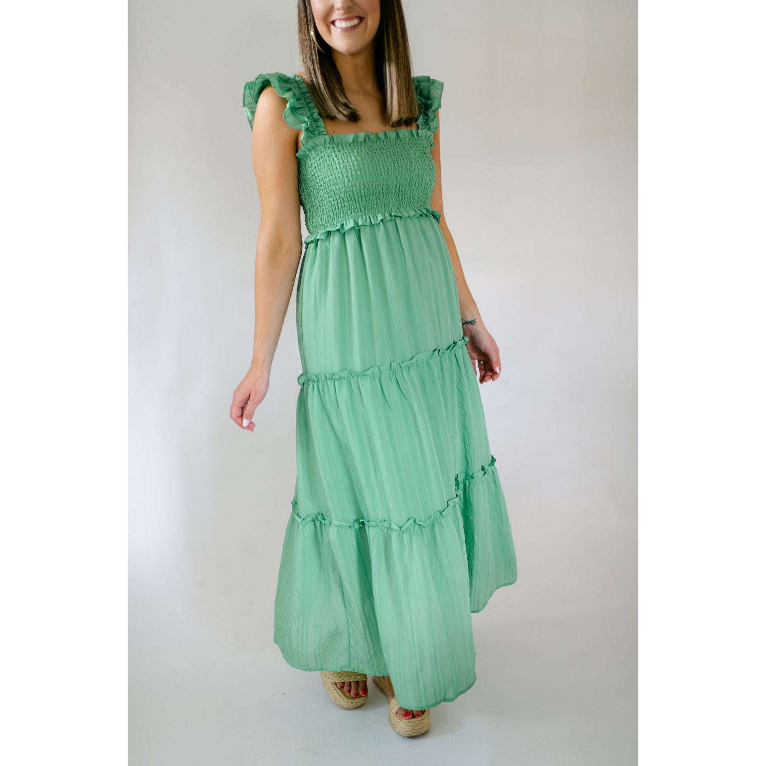 8.28 Boutique:Jade Melody Tam,Jade Melody Tam Smocked Top Maxi Dress in Green,Dress