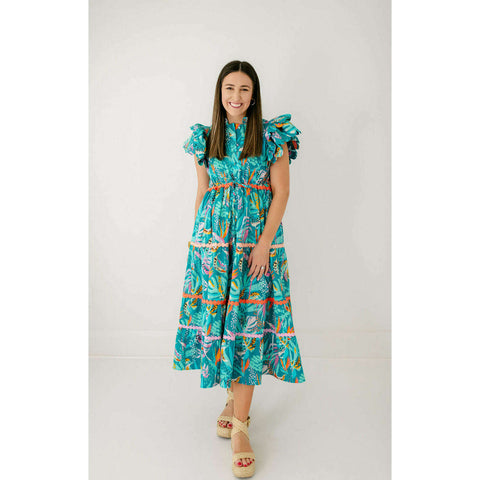 Jade by Melody Tam Puff Sleeve Button Tiered Dress in Tropical Floral
