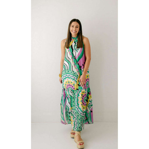8.28 Boutique:Jade by Melody Tam,Jade Melody Tam Pleated Neck Maxi in Geo Tones,Dress