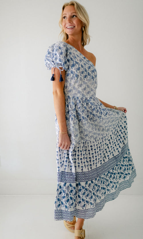 Azure Waterlilly One Shoulder Maxi Dress
