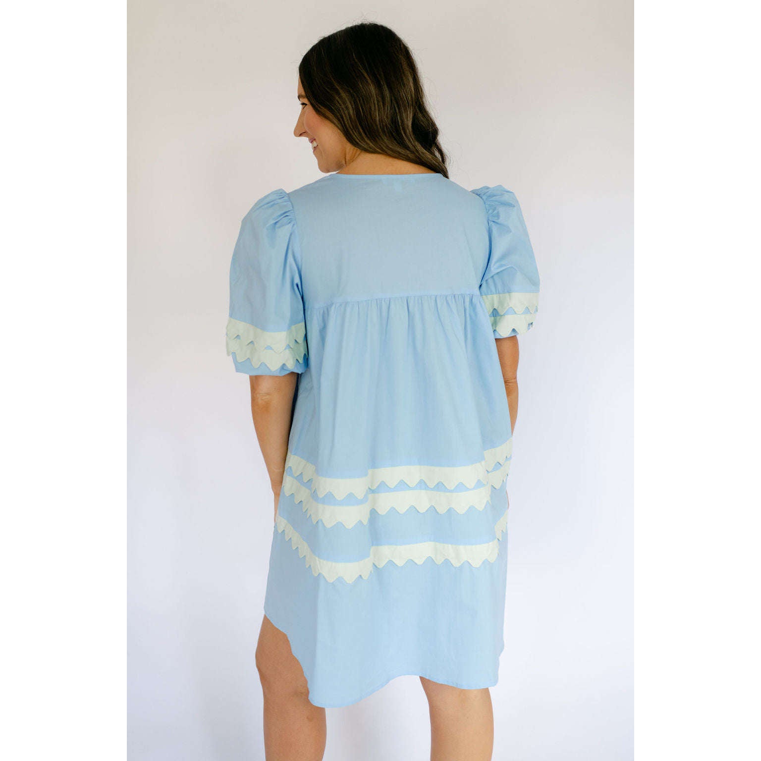 8.28 Boutique:Karlie Clothes,Karlie Solid V-Neck Scallop Puff Sleeve Dress,Dress