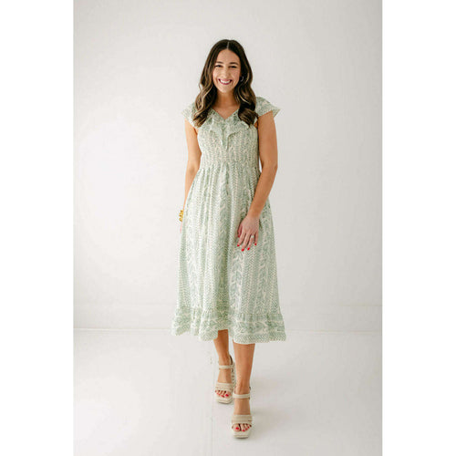 8.28 Boutique:Sail to Sable,Sail to Sable Pistachio Leaf Print V-Neck Smocked Midi Dress,Dress