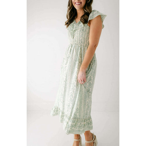8.28 Boutique:Sail to Sable,Sail to Sable Pistachio Leaf Print V-Neck Smocked Midi Dress,Dress