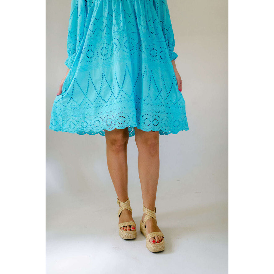 Embroidered Eyelet Turquoise Cotton Tunic Top