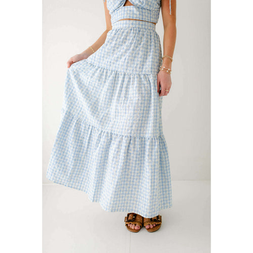 8.28 Boutique:Jacquie the Label,Jacquie the Label Embroidered Tiered Midi Skirt in Blue Gingham,skirt