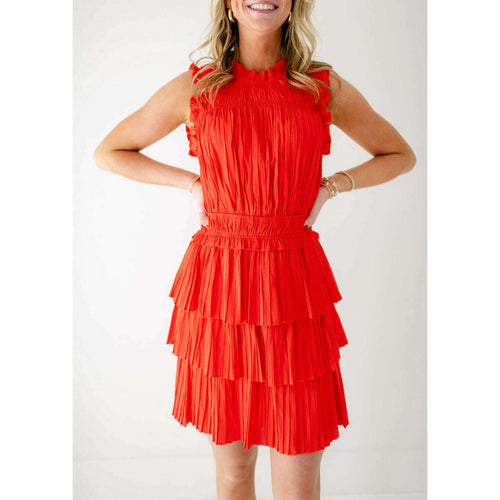 8.28 Boutique:LUCY PARIS,Lucy Paris Tory Pleated Dress in Red Orange,Dress