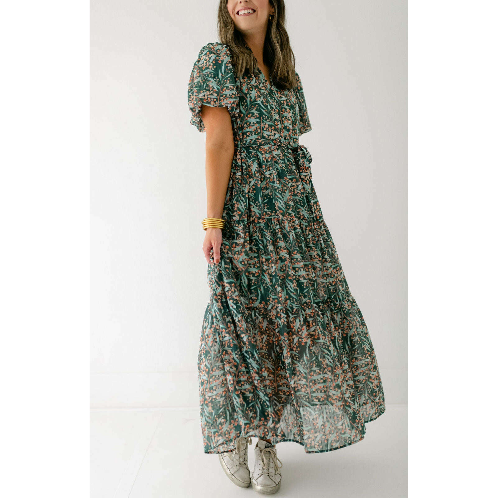 8.28 Boutique:Jade Melody Tam,Jade Melody Tam Wispy Leaves Puff Sleeve Tiered Maxi Dress,Dress