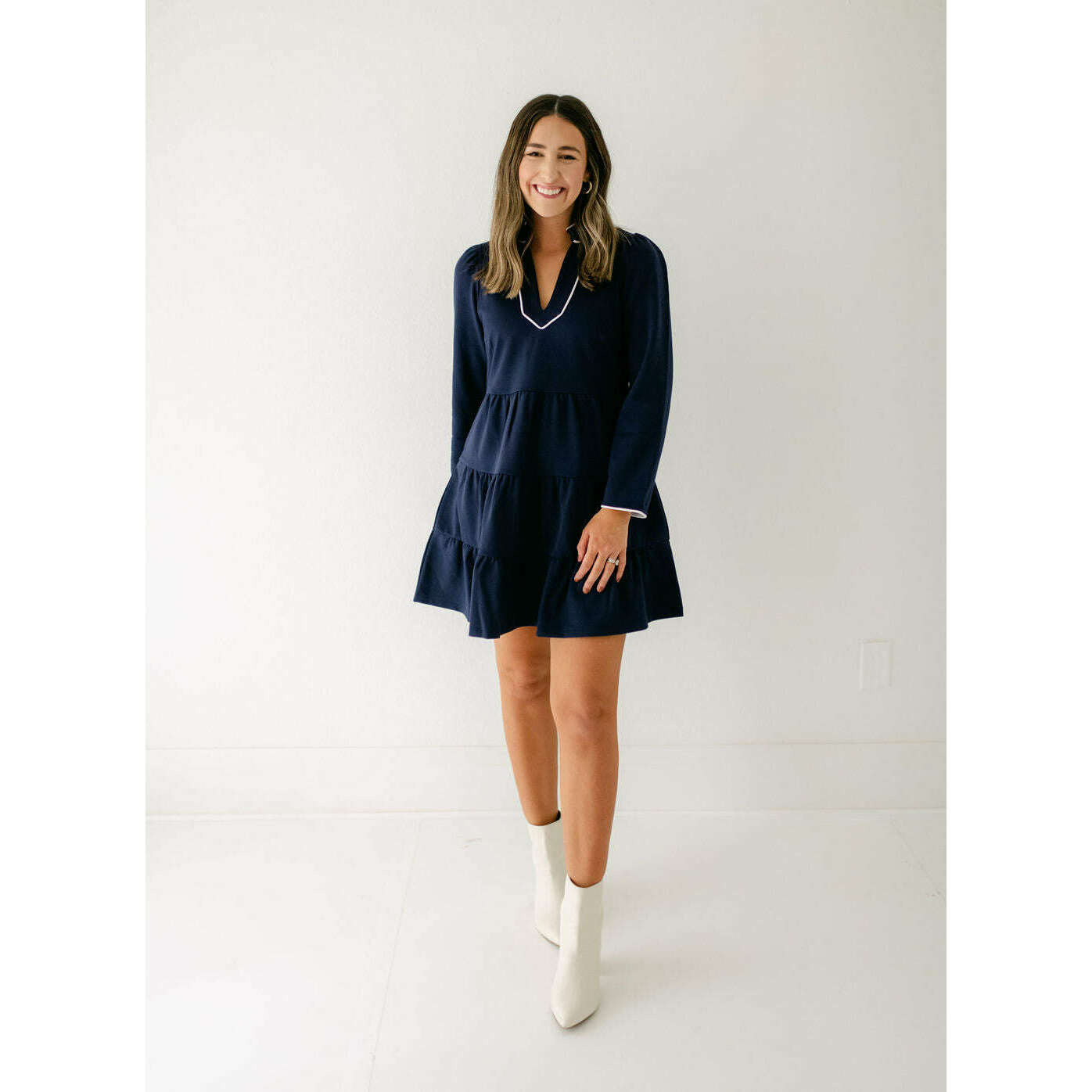 8.28 Boutique:Sail to Sable,Sail to Sable Navy Ponte Long Sleeve Tunic Flare Dress,Dress