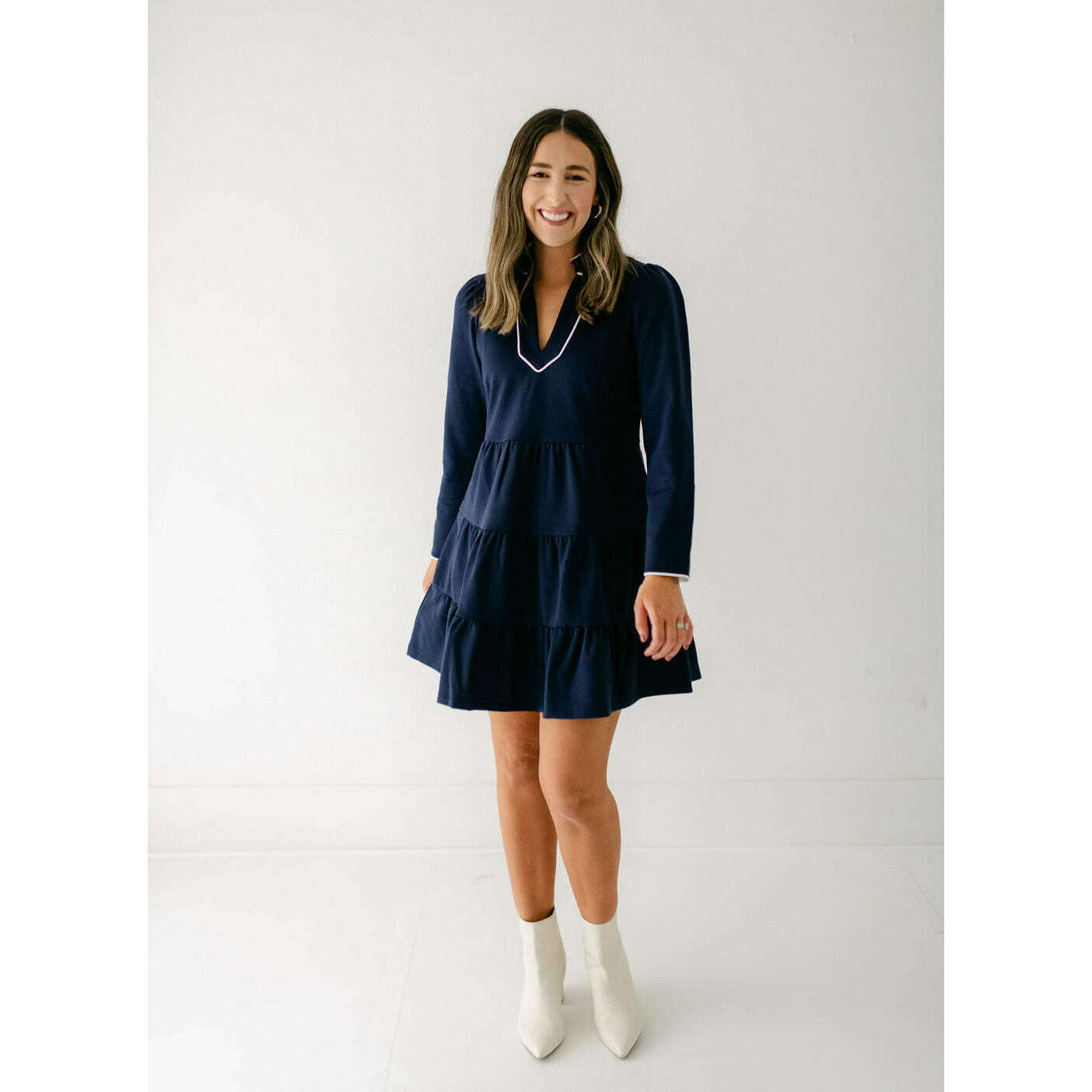 8.28 Boutique:Sail to Sable,Sail to Sable Navy Ponte Long Sleeve Tunic Flare Dress,Dress