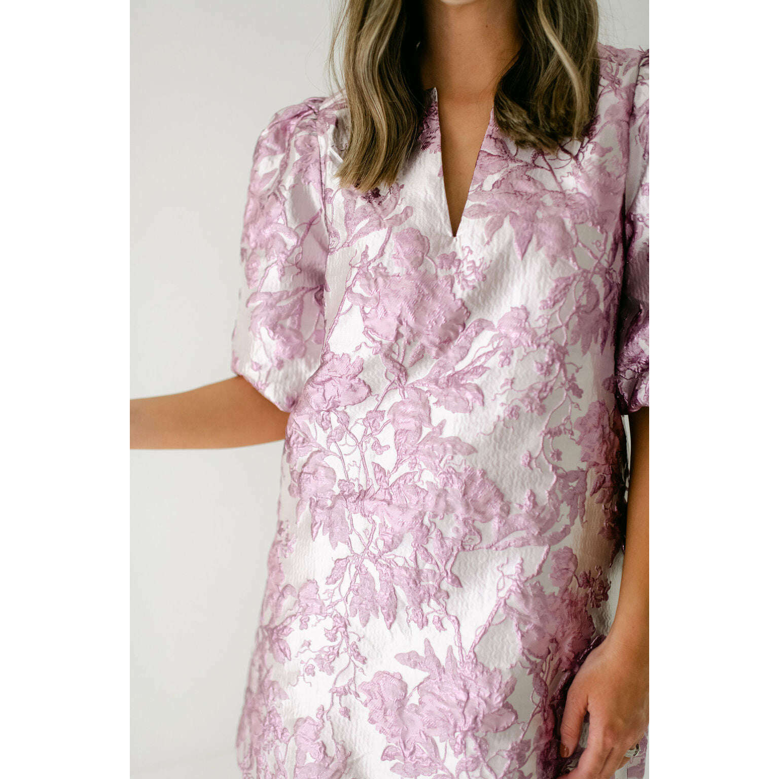 8.28 Boutique:Karlie Clothes,Karlie Floral Jacquard V-Neck Puff Sleeve Dress,Dress