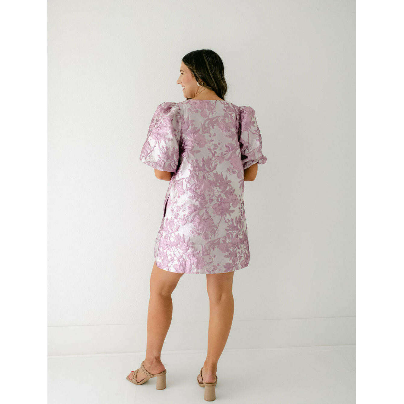 8.28 Boutique:Karlie Clothes,Karlie Floral Jacquard V-Neck Puff Sleeve Dress,Dress