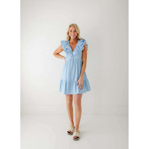 8.28 Boutique:Joy*Joy,Joy*Joy V-Neck Ruffle Dress in Blue Stripes,Dress