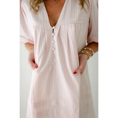 8.28 Boutique:8.28 Boutique,Baby Pink Pinstripe Puff Sleeve V-Neck Dress,Dress