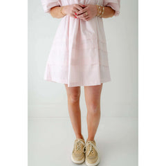 8.28 Boutique:8.28 Boutique,Baby Pink Pinstripe Puff Sleeve V-Neck Dress,Dress