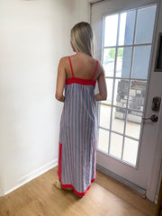 Entro Blue and Red Stripe Chambray Midi Dress