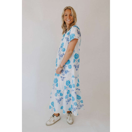 8.28 Boutique:J.Marie Collections,J.Marie Mae Ruffle Sleeve Midi Dress in Blue and White,Dress