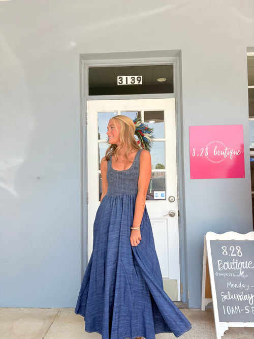 Karlie Denim Smock Tank Maxi Dress