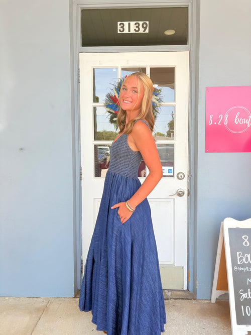 Karlie Denim Smock Tank Maxi Dress