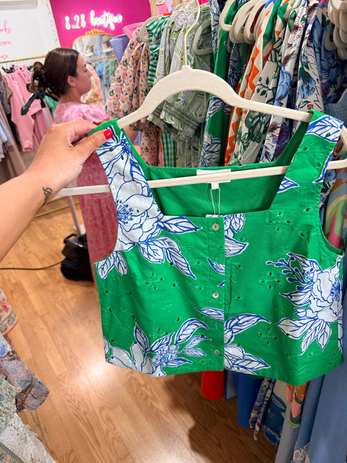 Entro Green and Blue Eyelet Floral Top