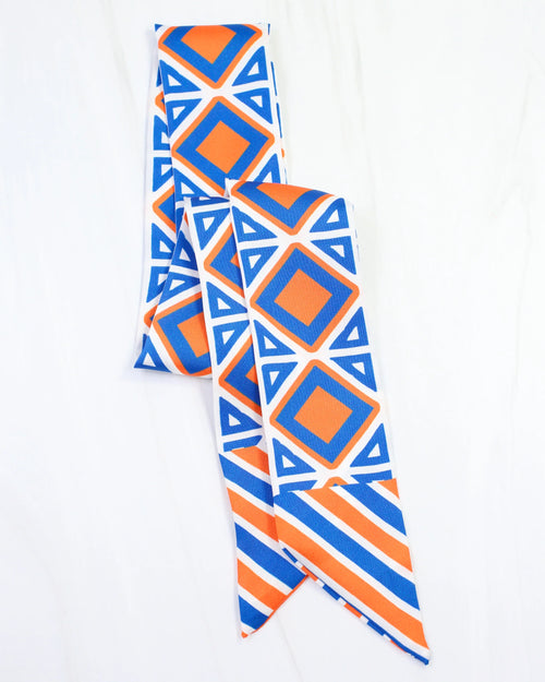 Caroline Hill Barrett Tile Skinny Scarf in Blue and Orange