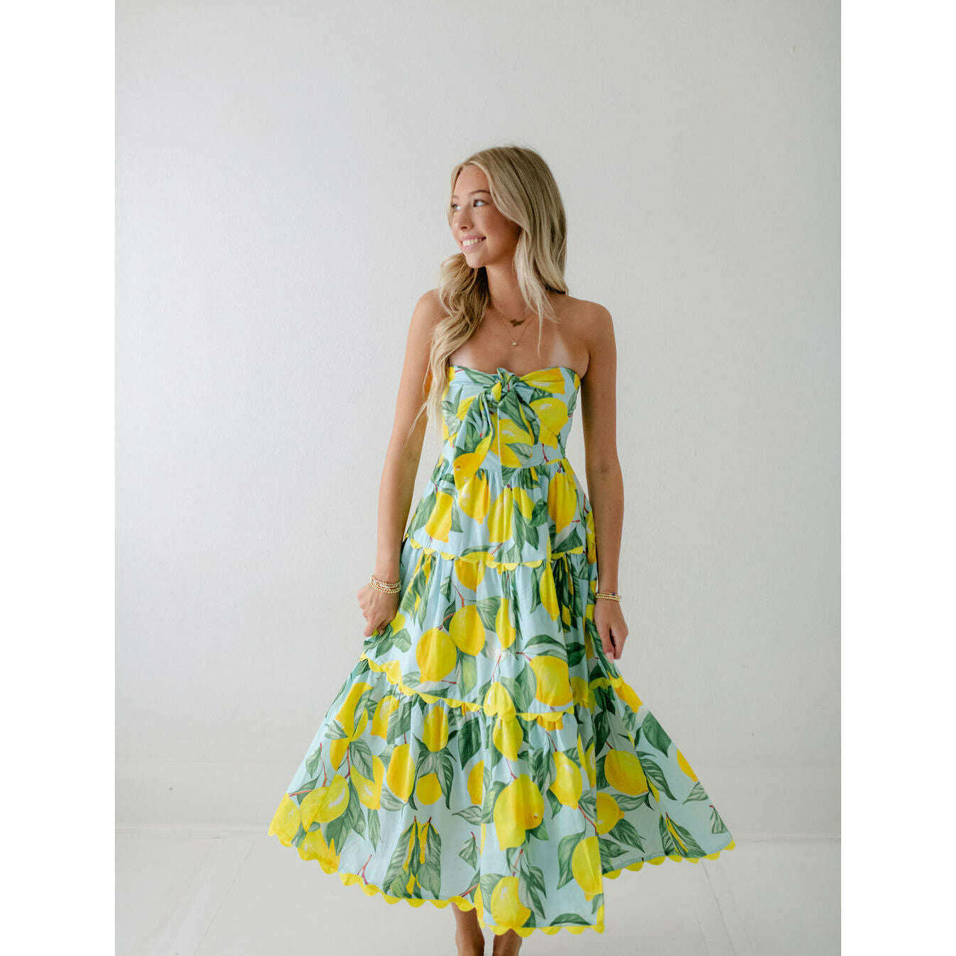 Prosperina Elena Blue Lemon Linen Strapless Midi Dress Prosperina Elena Blue Lemon Linen Strapless Midi Dress