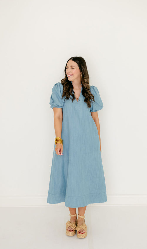 Emily McCarthy Hampton Dress in Denim Chambray