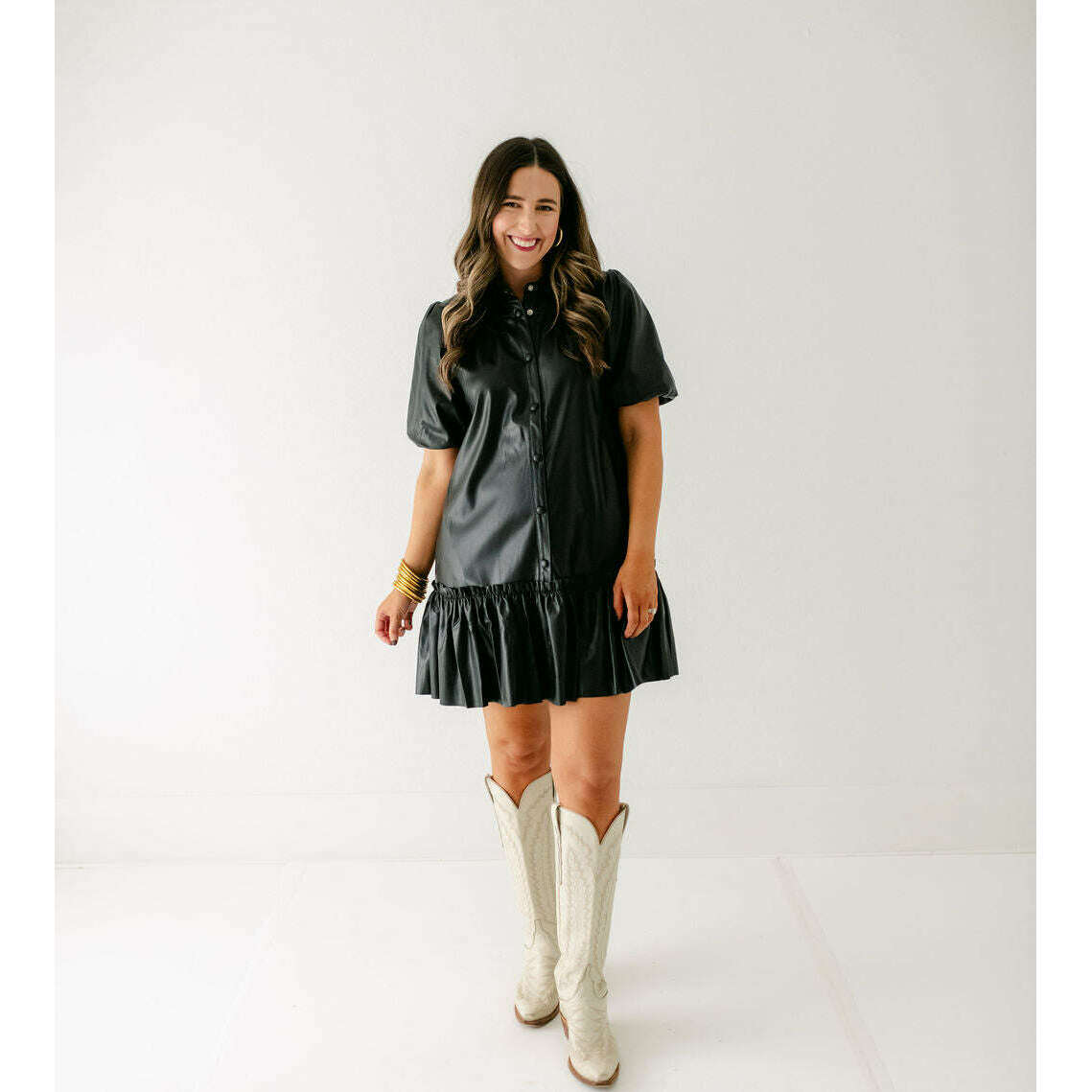 Karlie Faux Leather Black Puff Sleeve Ruffle Dress 8.28 Boutique Karlie Faux Leather Black Puff Sleeve Ruffle Dress 8.28 Boutique