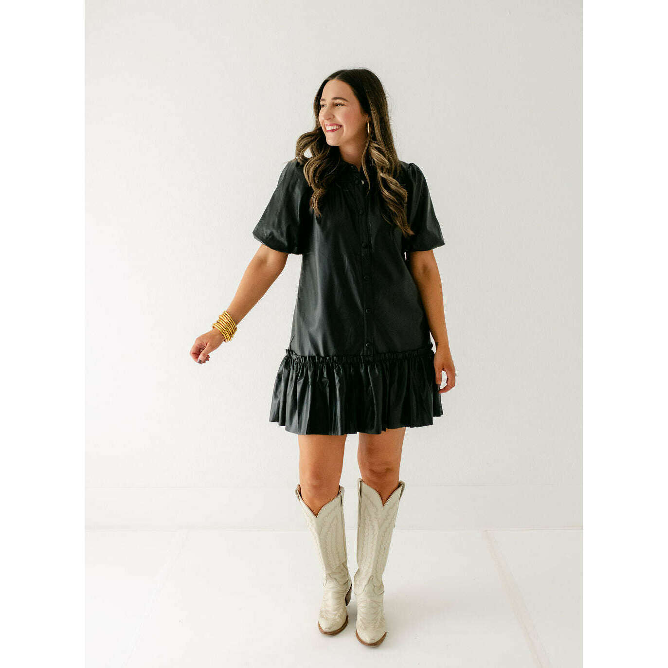 Faux Leather Puff Sleeve Black Ruffle Dress, Large Faux Leather Puff Sleeve Black Ruffle Dress, Large