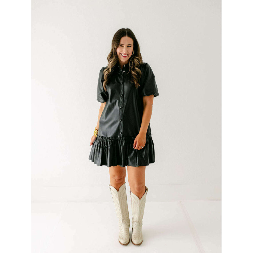 Karlie Faux Leather Black Puff Sleeve Ruffle Dress – 8.28 Boutique