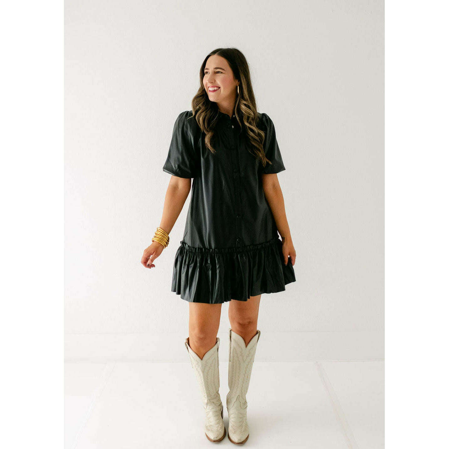 black leather ruffle dress David Koma LEATHER RUFFLE LONG SLV MINI DRESS Black / 10