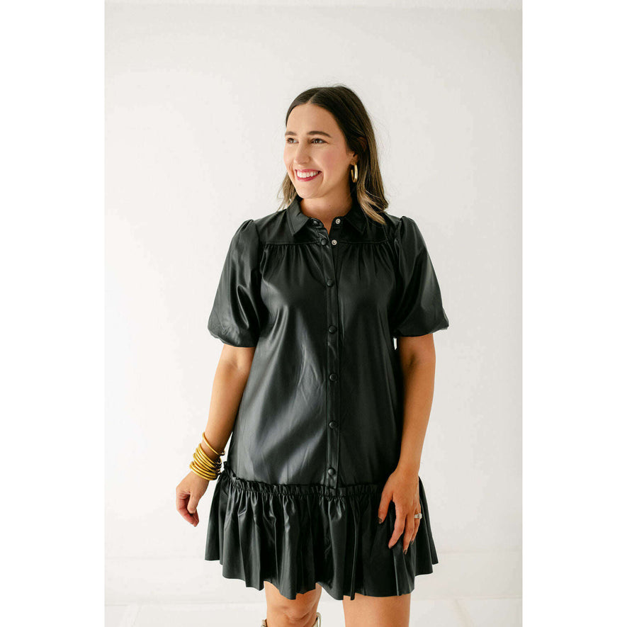 Karlie Faux Leather Black Puff Sleeve Ruffle Dress – 8.28 Boutique