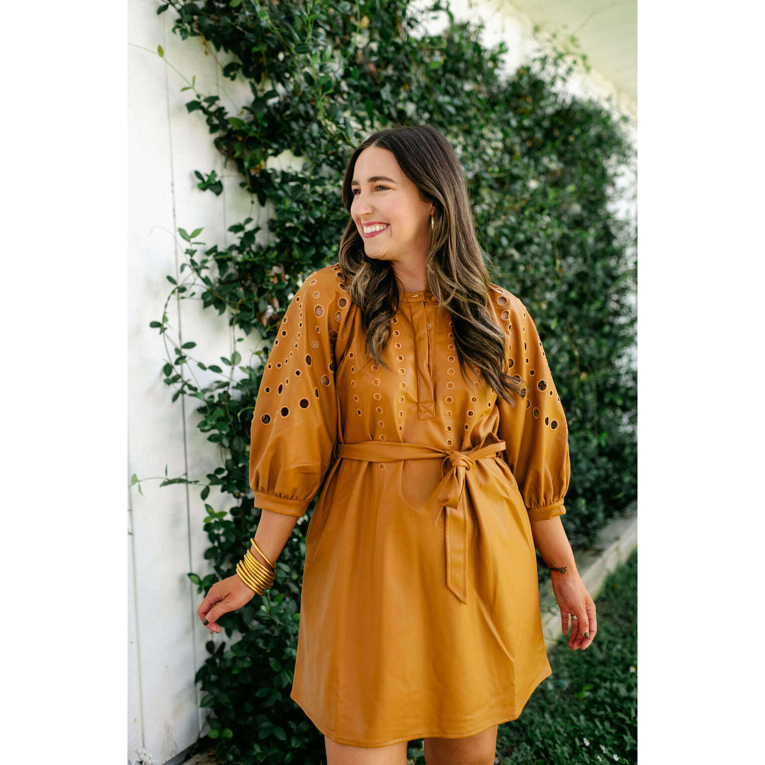 Ciebon Embroidered Faux Leather Shirt Dress in Tan, S / Tan Ciebon Embroidered Faux Leather Shirt Dress in Tan, S / Tan