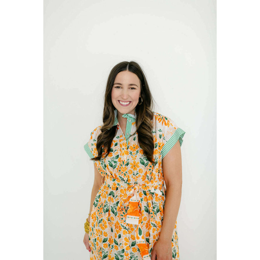 Entro Orange Floral Midi Dress with Green Stripe Collar, M / Orange