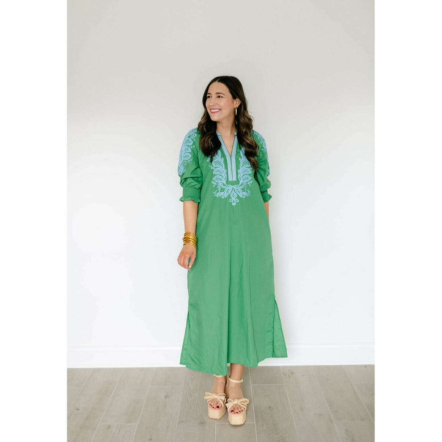 Entro Green and Blue Embroidery Midi Dress – 8.28 Boutique
