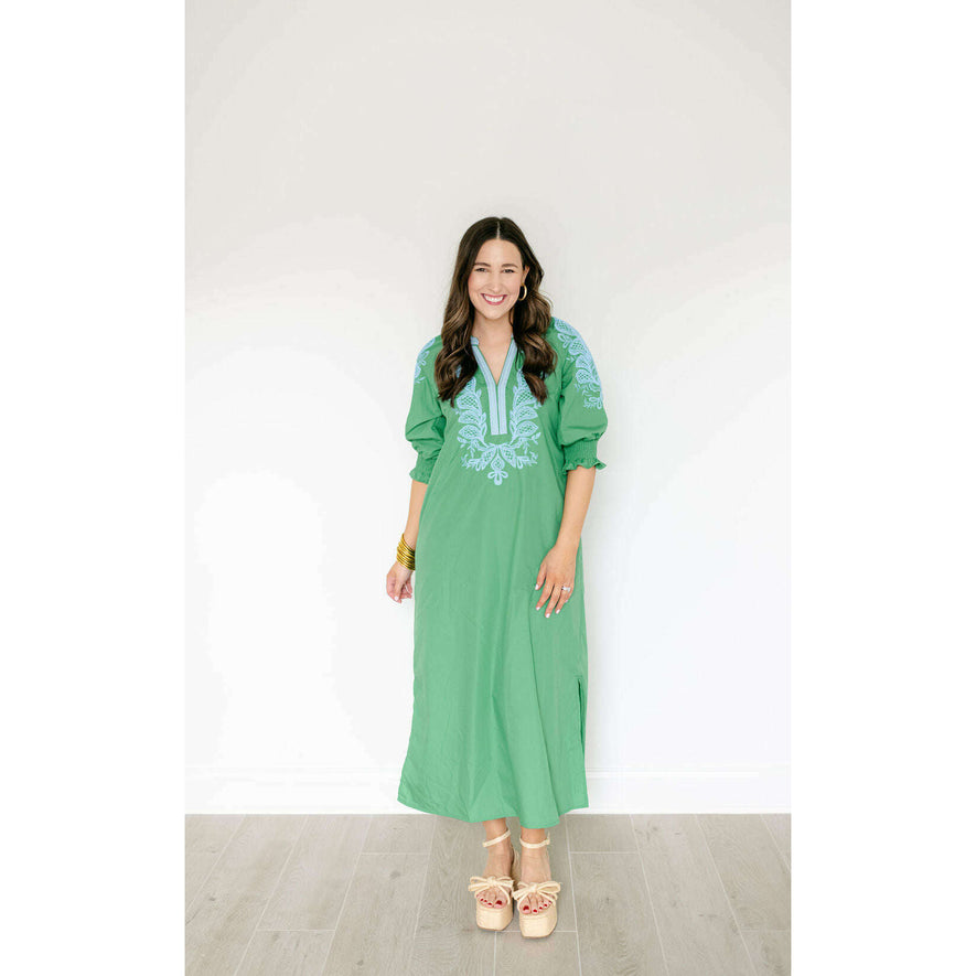 Entro Green and Blue Embroidery Midi Dress 8.28 Boutique Entro Green and Blue Embroidery Midi Dress 8.28 Boutique