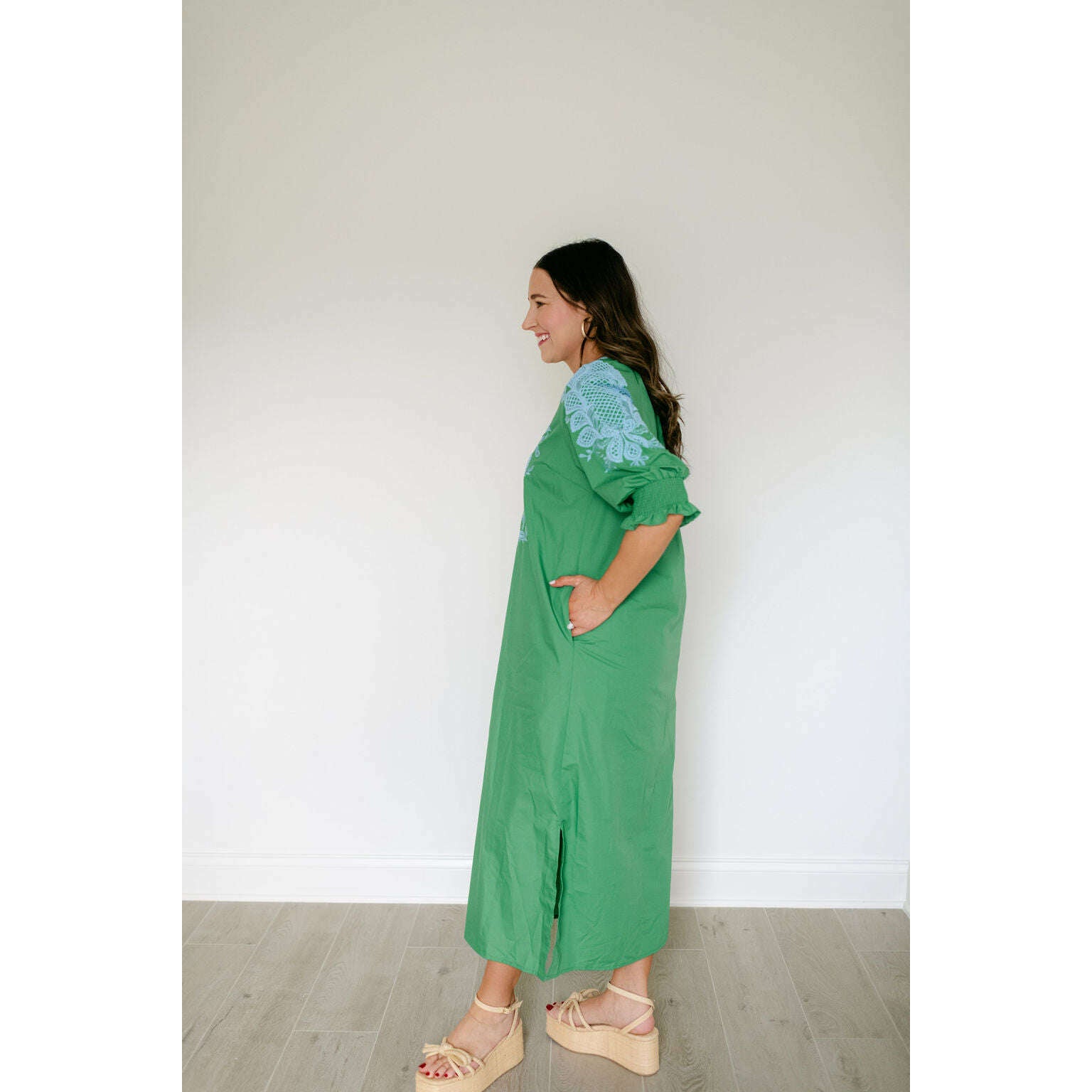 Entro Green and Blue Embroidery Midi Dress 8.28 Boutique Entro Green and Blue Embroidery Midi Dress 8.28 Boutique