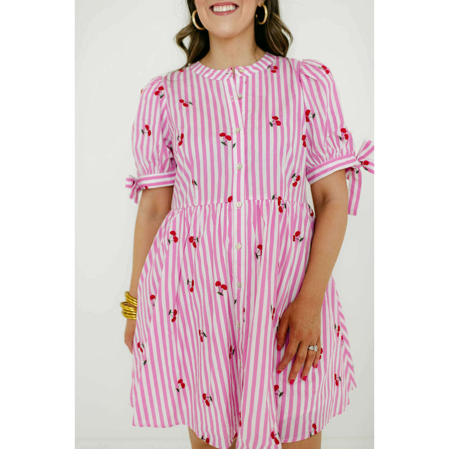 pink and white mini dress Entro Pink Stripe Cherry Mini Dress – 8.28 Boutique
