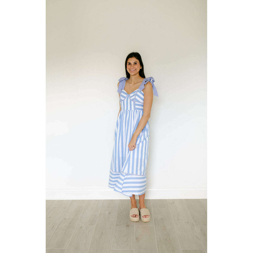 Entro Blue and White Stripe Tie Top Midi Dress, L / Blue
