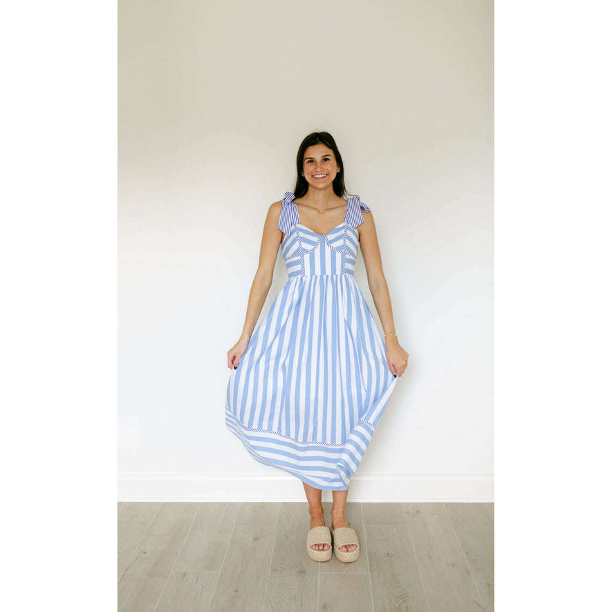 entro clothing dresses Entro Blue and White Stripe Tie Top Midi Dress, L / Blue