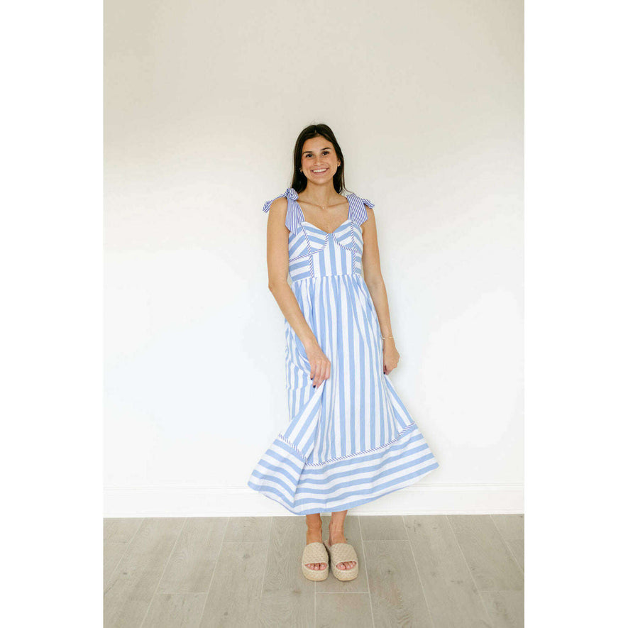 entro blue and white dress Entro Blue and White Stripe Tie Top Midi Dress, L / Blue