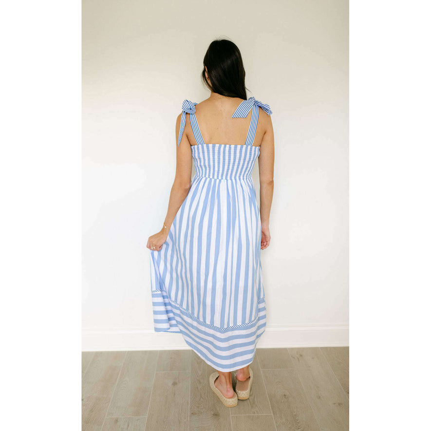 Entro Blue and White Stripe Tie Top Midi Dress, L / Blue