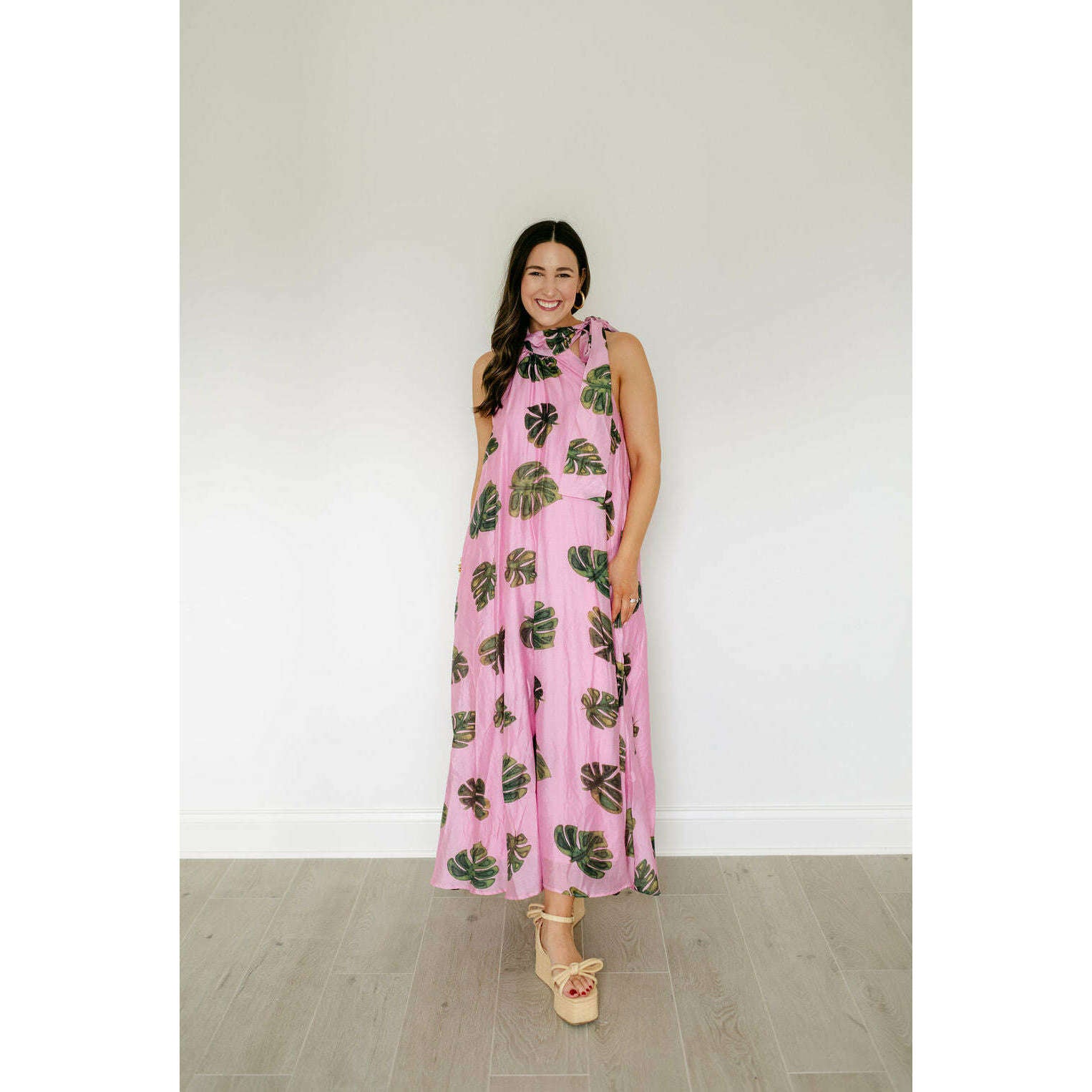 Entro Pink Palm Tie Neck Maxi Dress 8.28 Boutique Entro Pink Palm Tie Neck Maxi Dress 8.28 Boutique