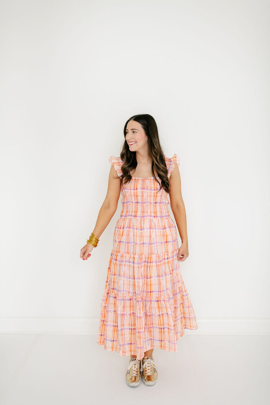 Aureum Orange Plaid Smocked Top Midi Dress – 8.28 Boutique