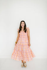 Aureum Orange Plaid Smocked Top Midi Dress
